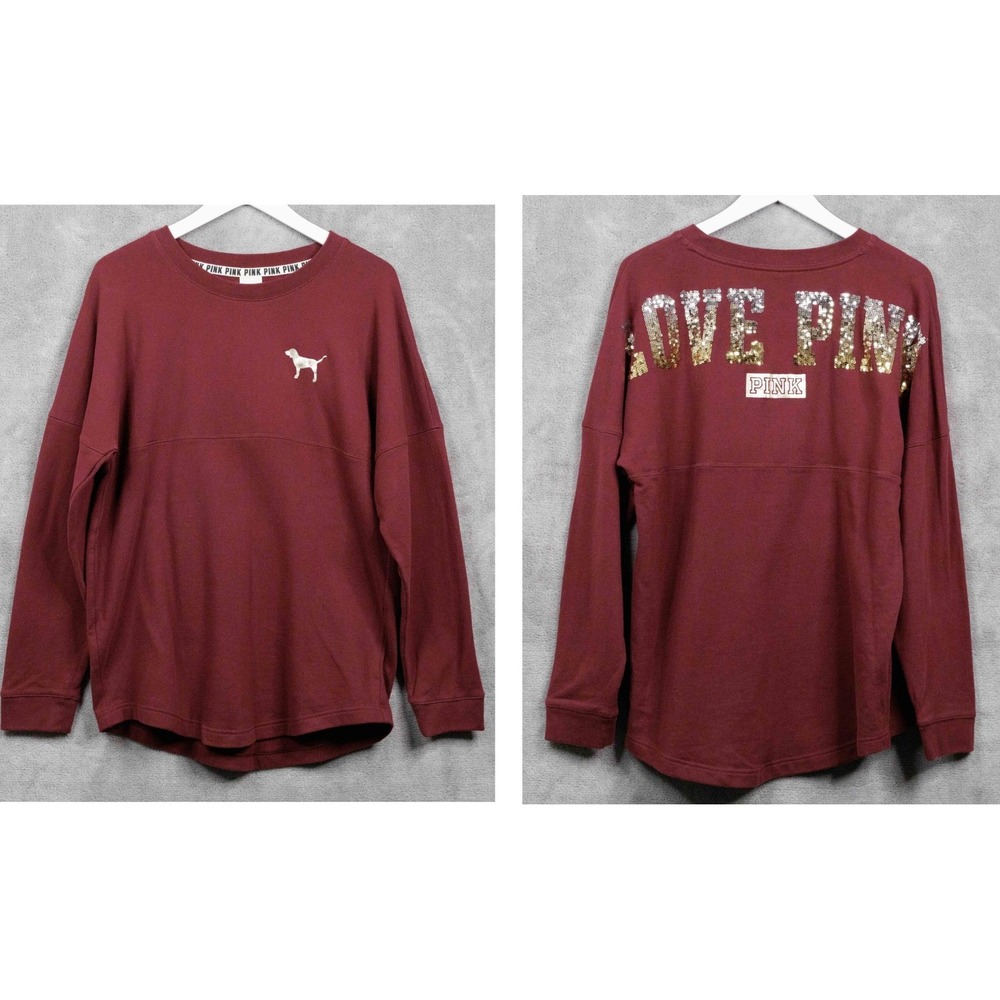 PINK Victorias Secret Sequin Logo Varsity Crewneck Sweatshirt Maroon Sz M